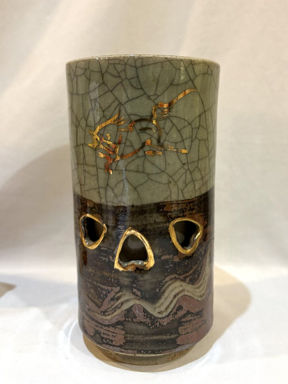 VTG Somayaki Somaware Crackle Stoneware Double Wall Tumbler Golden Horse Japan